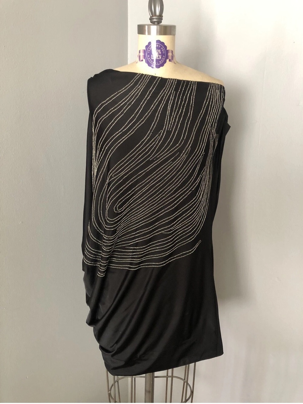 Black Beaded One-Shoulder Cocktail Dress